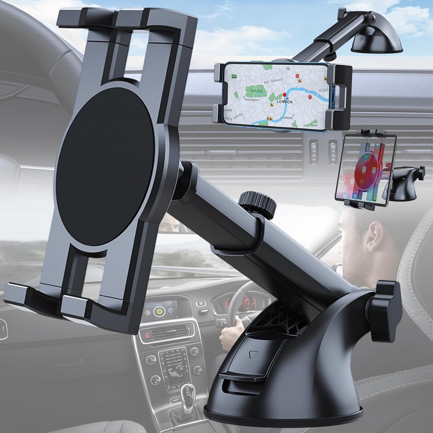 Soporte Movil Coche Potente Ventosa, Soporte Movil Coche Doble, Soporte Ventosa Ajustable 360° Teléfono Coche Universal Para Smartphone, Para Tabletas, Teléfonos Móviles 4,5 a 12,9 Pulgadas