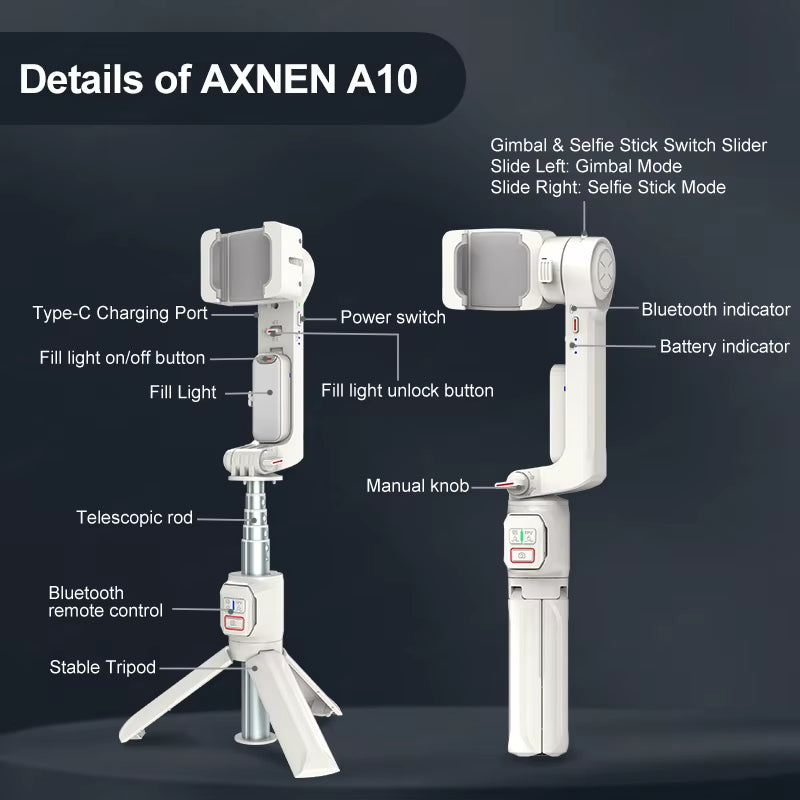 A10 Handheld Gimbal Smartphone Stabilizer with Fill Light Extension Rod Remote Cellphone Selfie Stick for Iphone Samsung