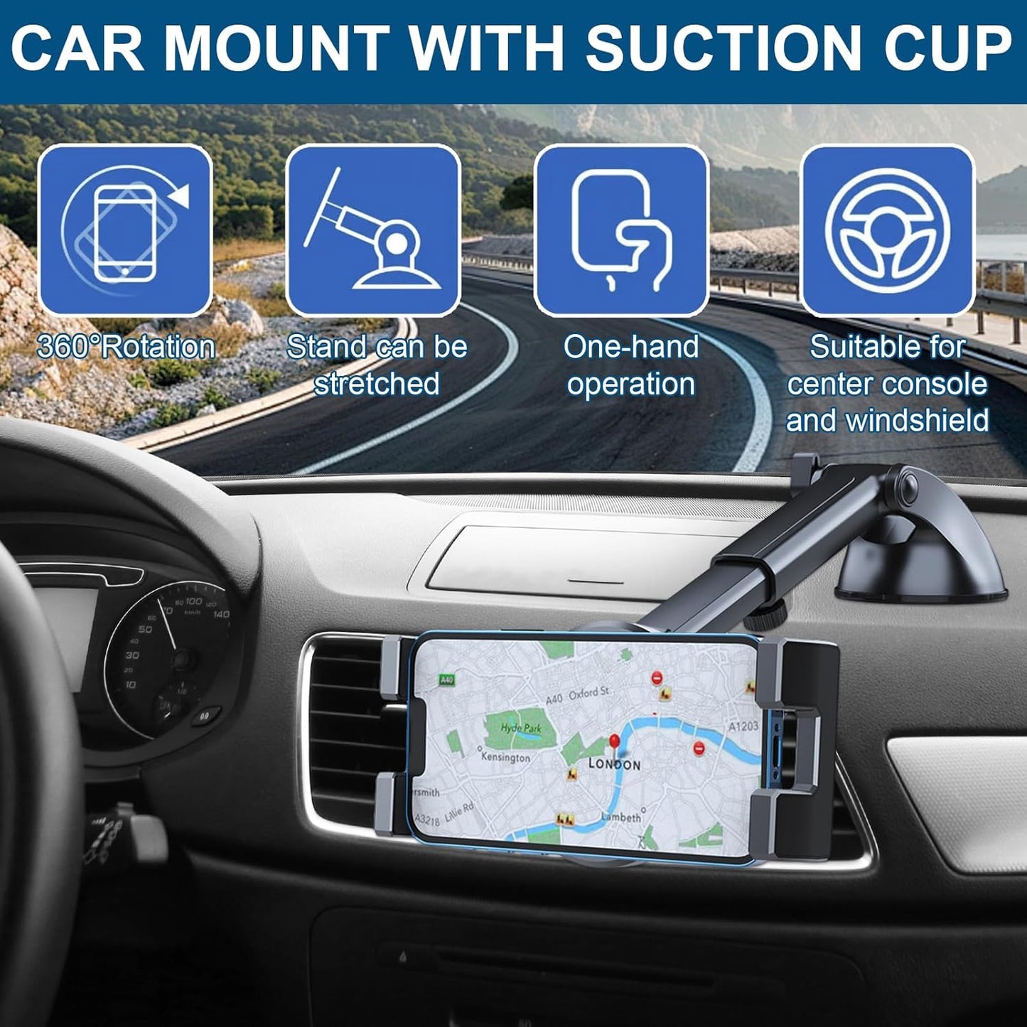 Soporte Movil Coche Potente Ventosa, Soporte Movil Coche Doble, Soporte Ventosa Ajustable 360° Teléfono Coche Universal Para Smartphone, Para Tabletas, Teléfonos Móviles 4,5 a 12,9 Pulgadas