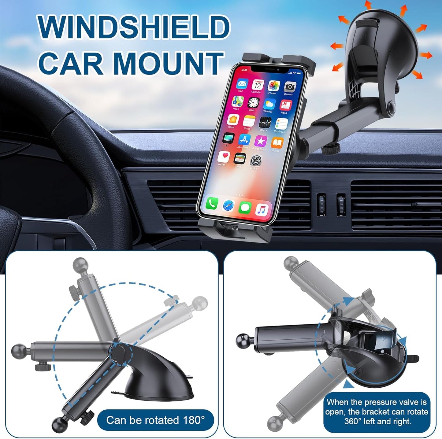 Soporte Movil Coche Potente Ventosa, Soporte Movil Coche Doble, Soporte Ventosa Ajustable 360° Teléfono Coche Universal Para Smartphone, Para Tabletas, Teléfonos Móviles 4,5 a 12,9 Pulgadas