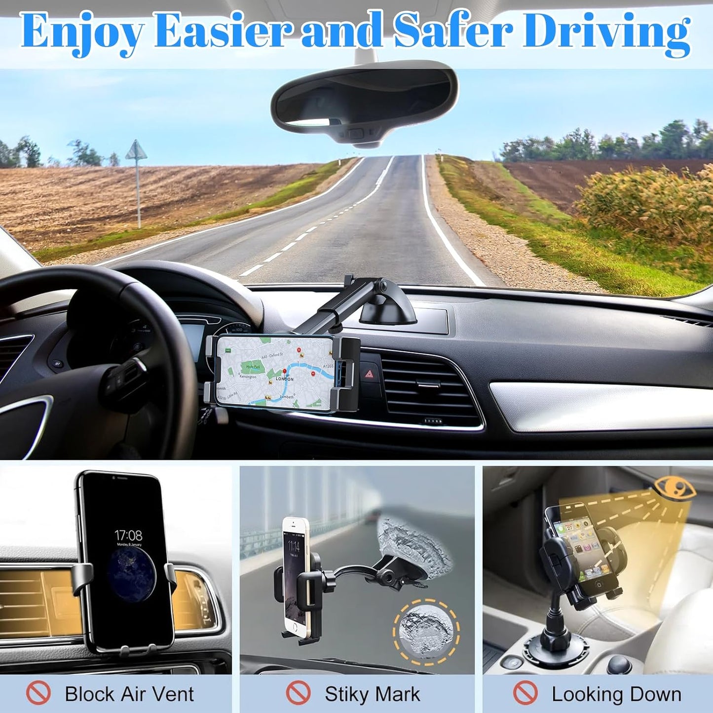 Soporte Movil Coche Potente Ventosa, Soporte Movil Coche Doble, Soporte Ventosa Ajustable 360° Teléfono Coche Universal Para Smartphone, Para Tabletas, Teléfonos Móviles 4,5 a 12,9 Pulgadas
