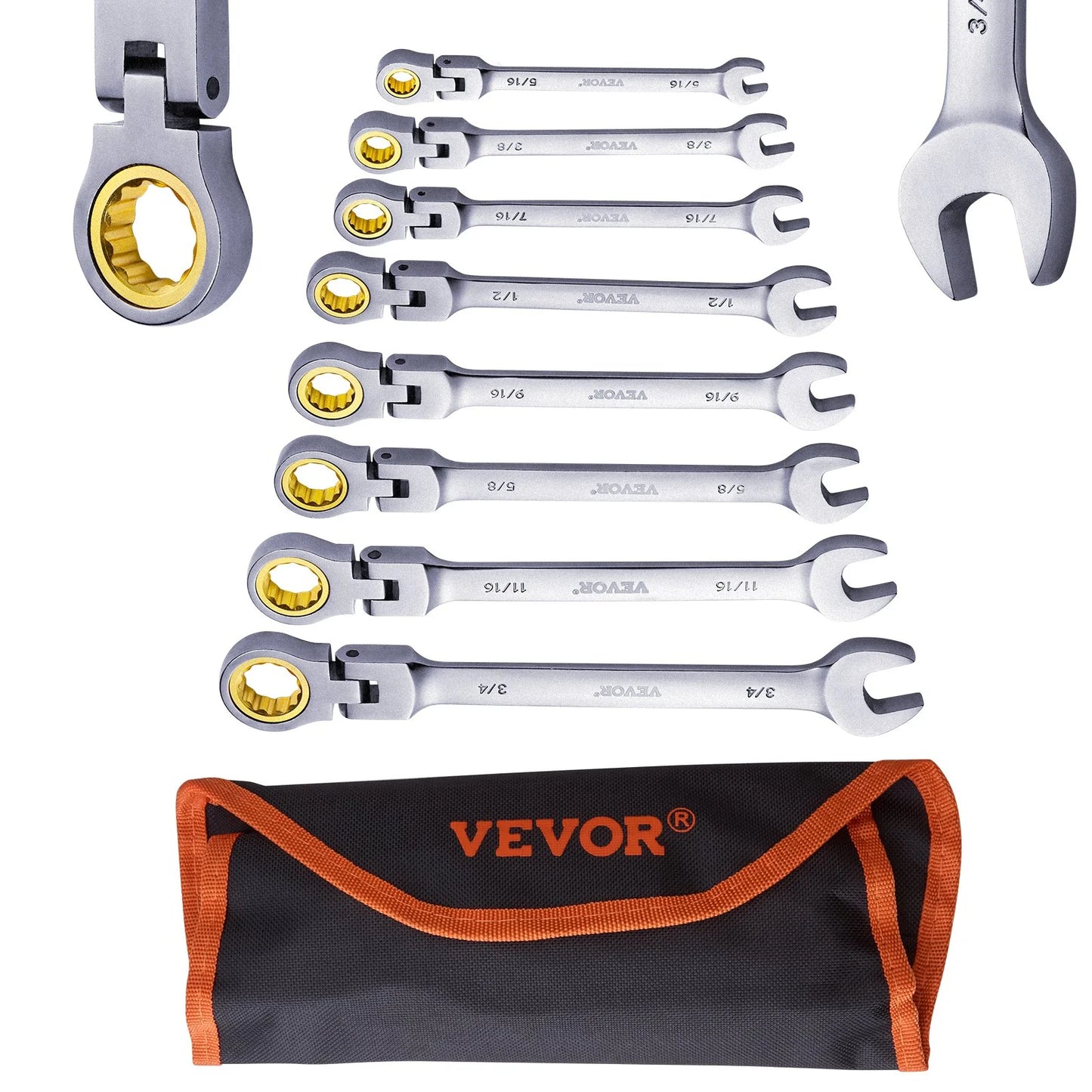 VEVOR Flex-Head Ratcheting Wrench Set 8 PCS SAE 5/16-3/4 with Roll-Up Pouch
