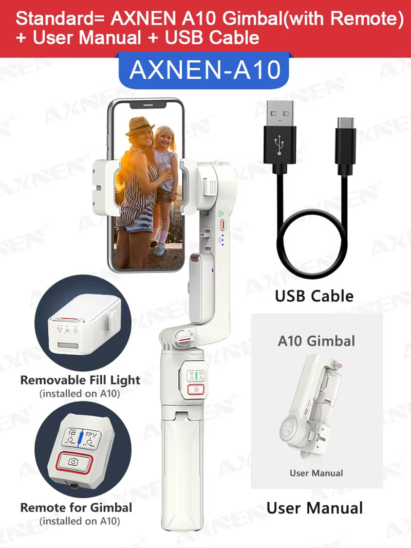 A10 Handheld Gimbal Smartphone Stabilizer with Fill Light Extension Rod Remote Cellphone Selfie Stick for Iphone Samsung