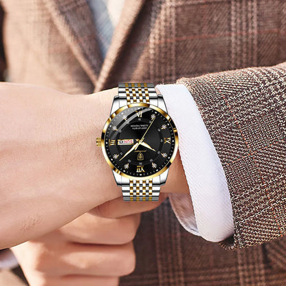 POEDAGAR Men Watch Stainless Steel Top Quailty Luxury Push Button Hidden Clasp Waterproof Luminous Date Week Sport Wrist Watches