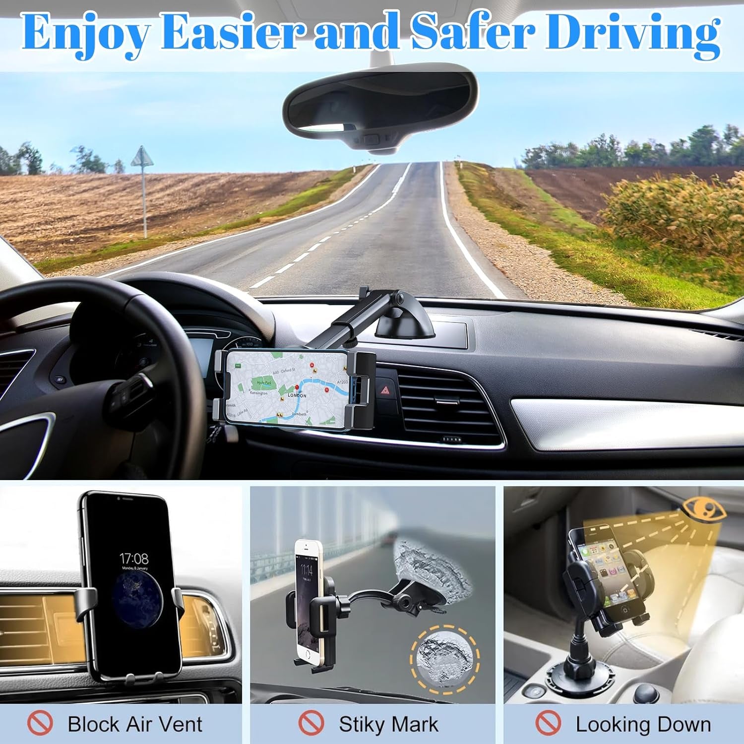 Soporte Movil Coche Potente Ventosa, Soporte Movil Coche Doble, Soporte Ventosa Ajustable 360° Teléfono Coche Universal Para Smartphone, Para Tabletas, Teléfonos Móviles 4,5 a 12,9 Pulgadas
