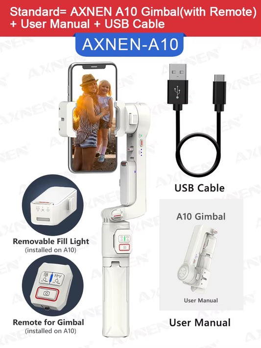 A10 Handheld Gimbal Smartphone Stabilizer with Fill Light Extension Rod Remote Cellphone Selfie Stick for Iphone Samsung